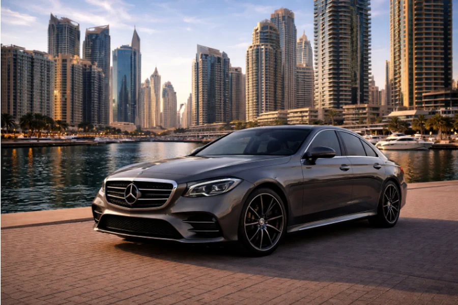 Affordable car rental options in Dubai, showing a budget-friendly rental car ready for city driving.